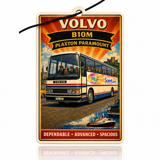 Car air freshener Vintage-style Volvo B10M Plaxton Paramount bus advertisement with scenic background