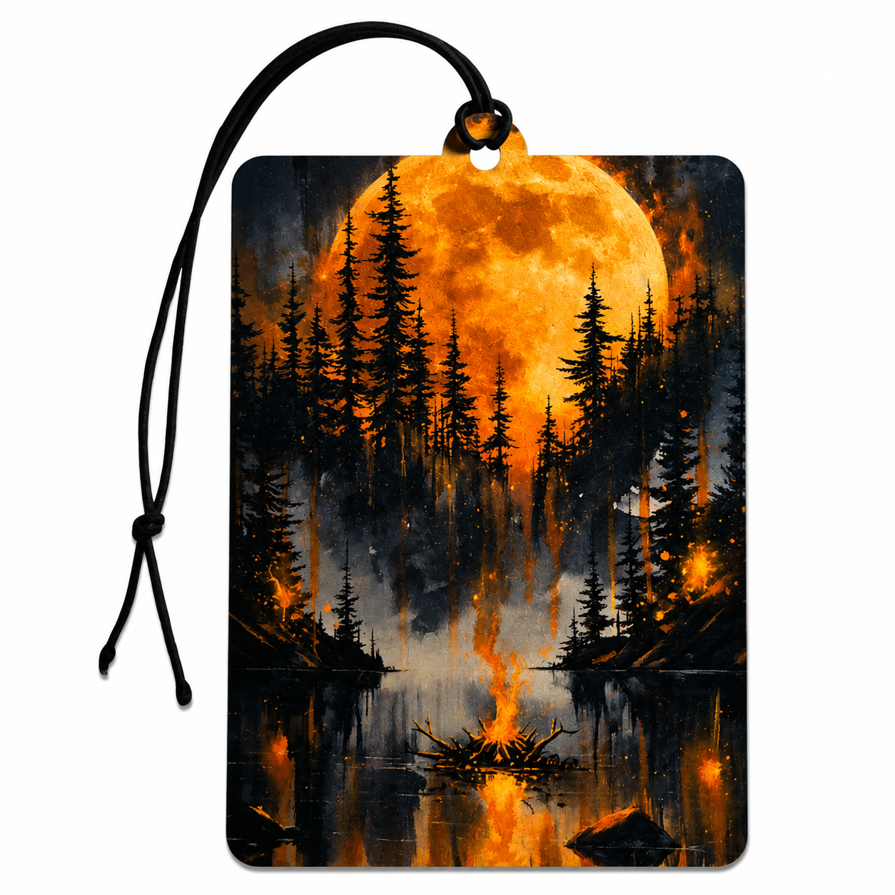 A rectangular car air freshener or tag with rounded corners, featuring a printed graphic of a fiery night forest with a large orange moon, burning trees, and reflections in water. It has a black hanging cord with a heart-shaped ornament at the top, shown on a plain white background.