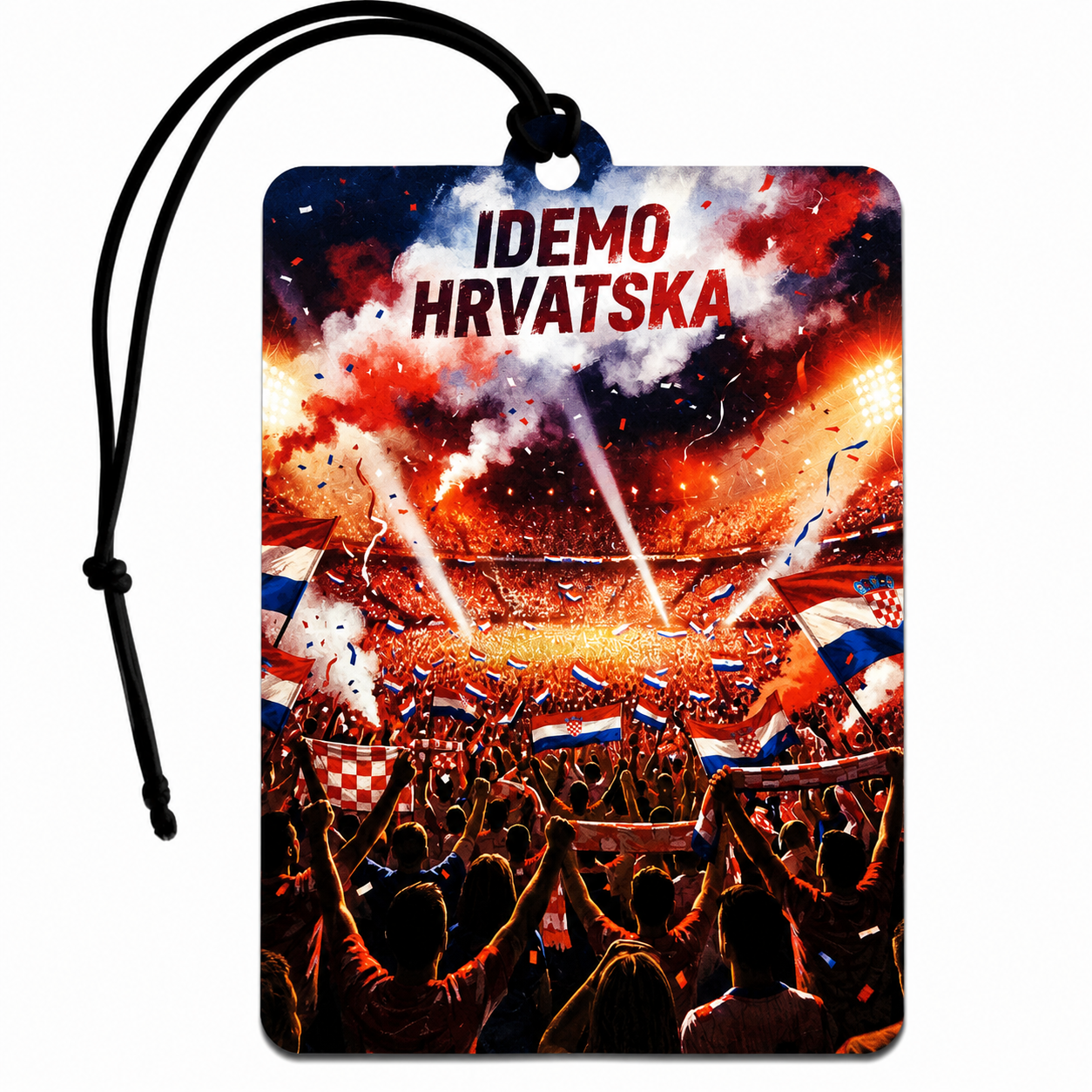 Croatia Idemo Hrvatska football car air freshener featuring Croatian flags, cheering supporters and a stadium design, approximately 72 x 100 mm.
