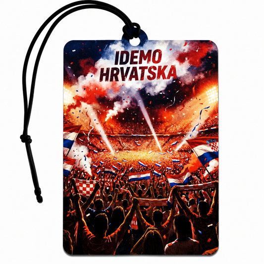 Croatia Idemo Hrvatska football car air freshener featuring Croatian flags, cheering supporters and a stadium design, approximately 72 x 100 mm.