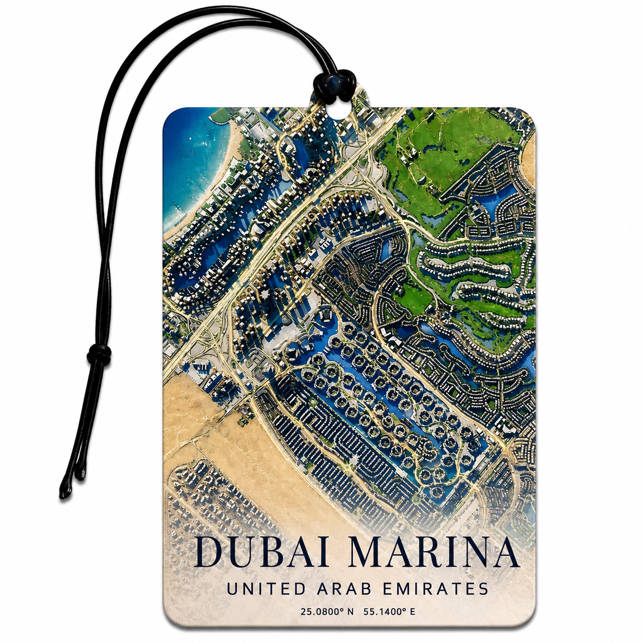 A rectangular luggage tag featuring an aerial map print of Dubai Marina, United Arab Emirates, with a black hanging cord and the text 'DUBAI MARINA', 'UNITED ARAB EMIRATES', and coordinates at the bottom, shown on a white background.