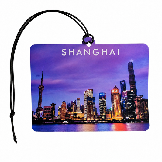 Shanghai China Skyline Travel Air Freshener – Purple Night Cityscape Hanging Car Freshener, Shanghai Souvenir Gift & Asian Travel Car Decor