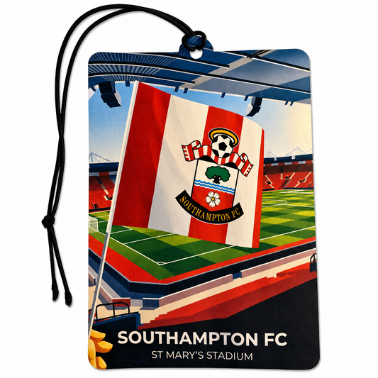 Southampton FC inspired car air freshener featuring a red and white football flag, St Mary’s Stadium inspired pitch and Saints supporter design.