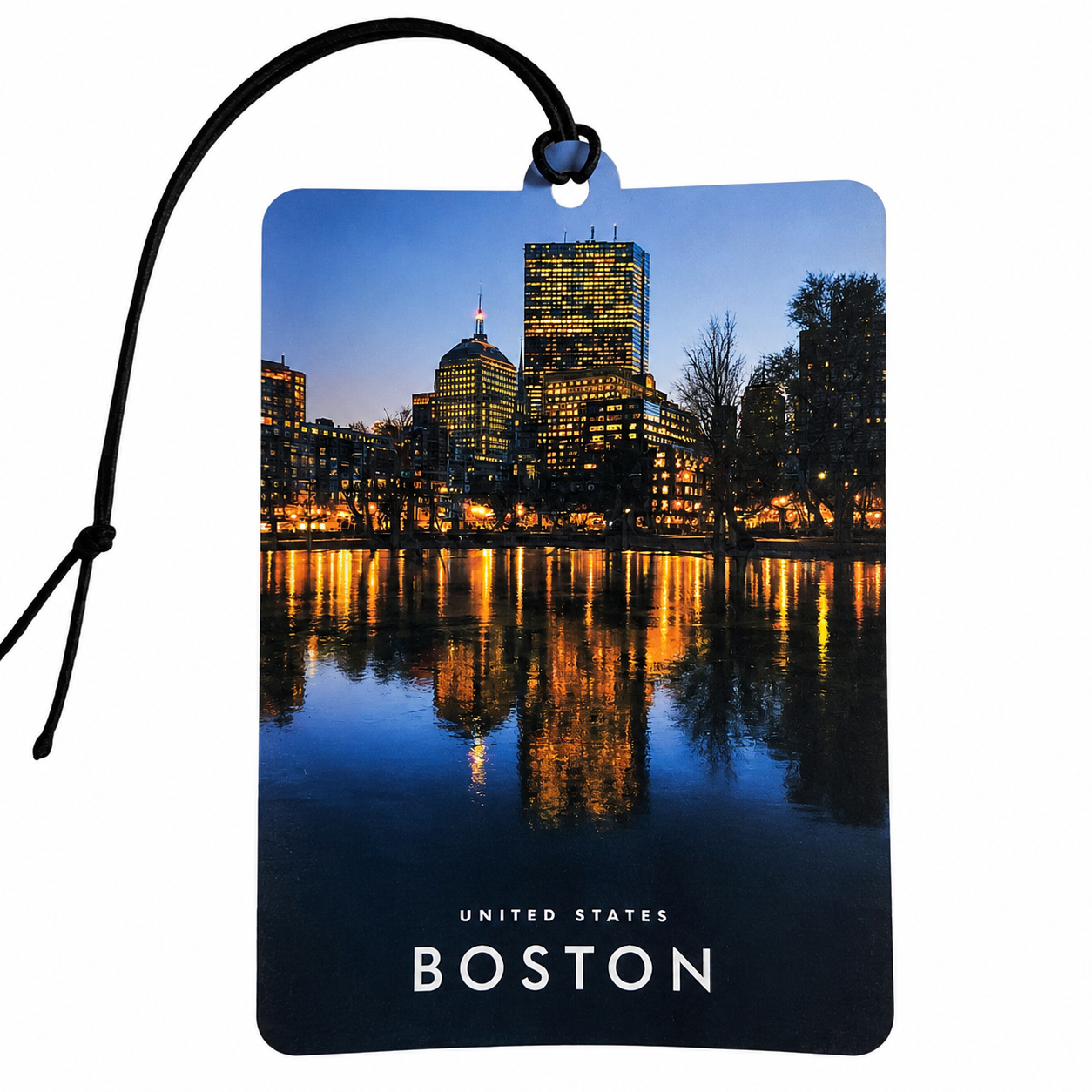 Boston Massachusetts USA Car Air Freshener – Boston Skyline Night City Hanging Car Freshener, United States Travel Souvenir, Massachusetts Gift & American Car Accessory
