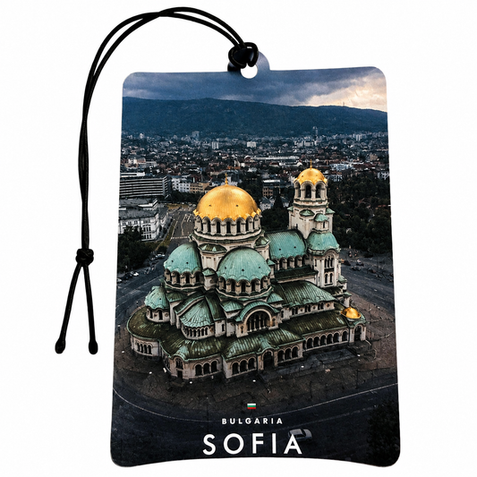 Rectangular car air freshener tag featuring an aerial photograph of the Alexander Nevsky Cathedral in Sofia, Bulgaria, with a black hanging cord and the text 'BULGARIA SOFIA' printed at the bottom.