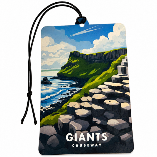 A rectangular car air freshener tag with a black hanging cord, featuring a stylized illustration of the Giant's Causeway coastal cliffs and sea. The text 'GIANTS CAUSEWAY' is printed at the bottom.
