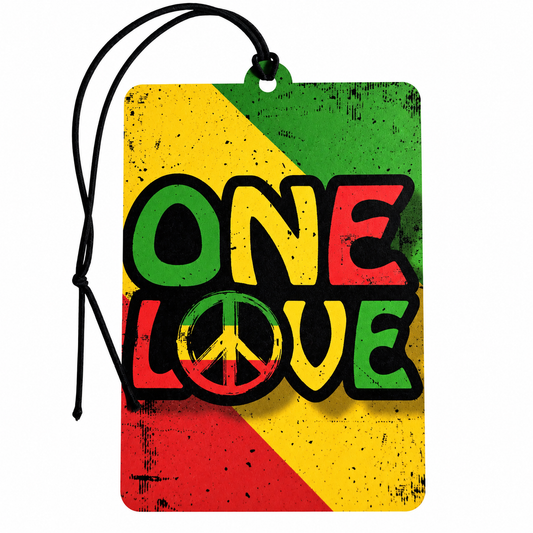 One Love reggae air freshener with red yellow and green Rasta-inspired design and peace symbol