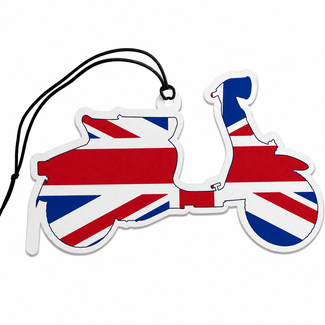 A scooter-shaped car air freshener or ornament featuring the Union Jack flag pattern, with a black hanging string, shown on a plain white background.