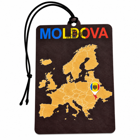 A rectangular dark brown luggage tag or car air freshener featuring a map of Europe with Moldova highlighted in yellow, red, and blue. The word 'MOLDOVA' is printed across the top in blue, yellow, and red.