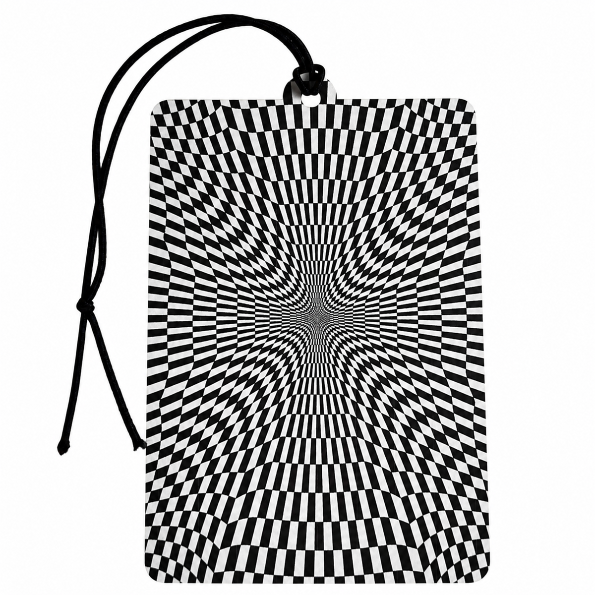 A rectangular black and white optical illusion patterned card or car air freshener with a black hanging cord, shown on a plain white background.