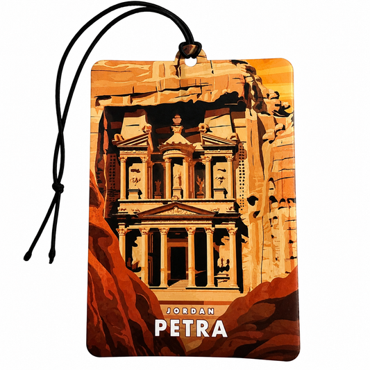 A rectangular car air freshener or luggage tag with a black hanging cord, featuring a stylized illustration of the Petra Treasury in Jordan. The design shows warm orange and brown canyon rock with the words 'JORDAN PETRA' printed at the bottom.