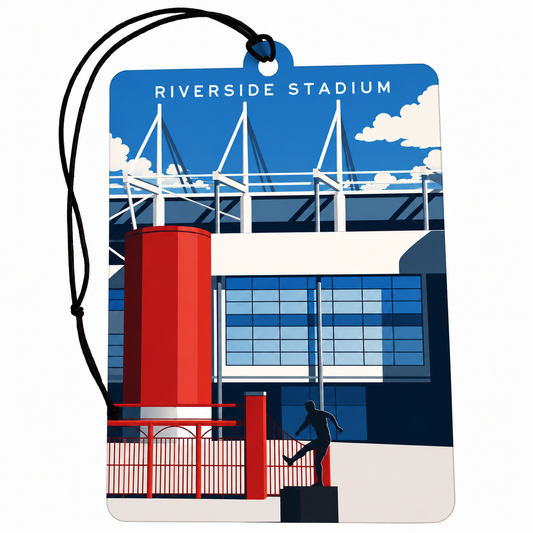 A rectangular luggage tag or car air freshener featuring a stylized vector illustration of Riverside Stadium. The tag has a blue border, printed with the text 'RIVERSIDE STADIUM' at the top, and shows the stadium's red and blue architecture, a red cylindrical structure, and a black silhouette of a person.