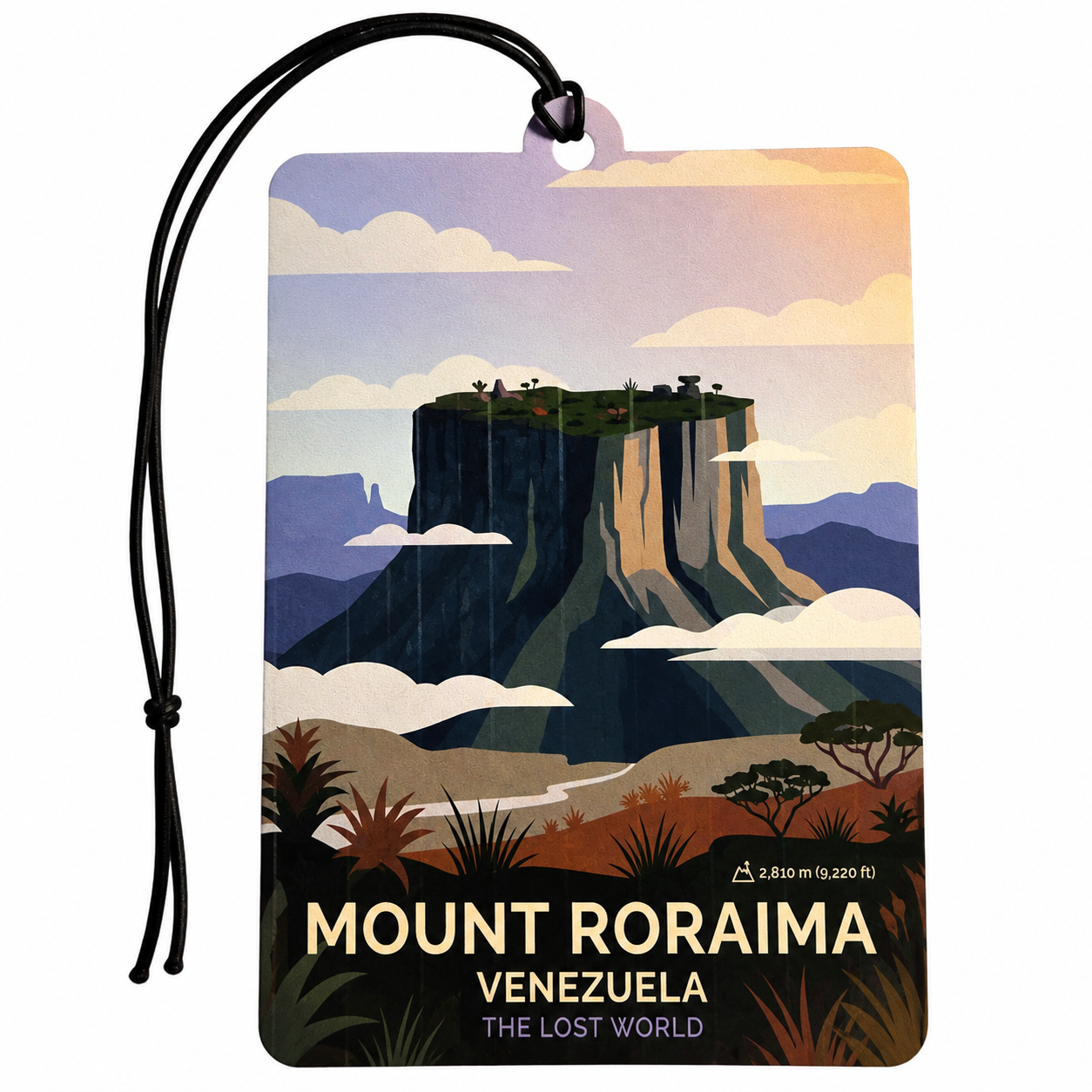 A rectangular hanging luggage tag or car air freshener with a black cord loop, printed with an illustrated landscape of Mount Roraima, Venezuela. The artwork shows a large flat-topped mountain under a pastel sky with clouds, with the text 'MOUNT RORAIMA', 'VENEZUELA', and 'THE LOST WORLD' at the bottom.