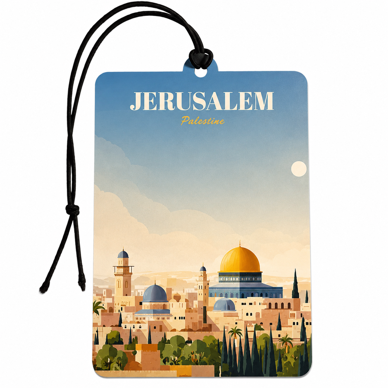 A rectangular luggage tag or car air freshener with a black hanging cord, featuring a stylized illustration of Jerusalem, Palestine. The tag has a blue sky at the top and a warm beige and orange cityscape with a golden dome and green trees at the bottom.