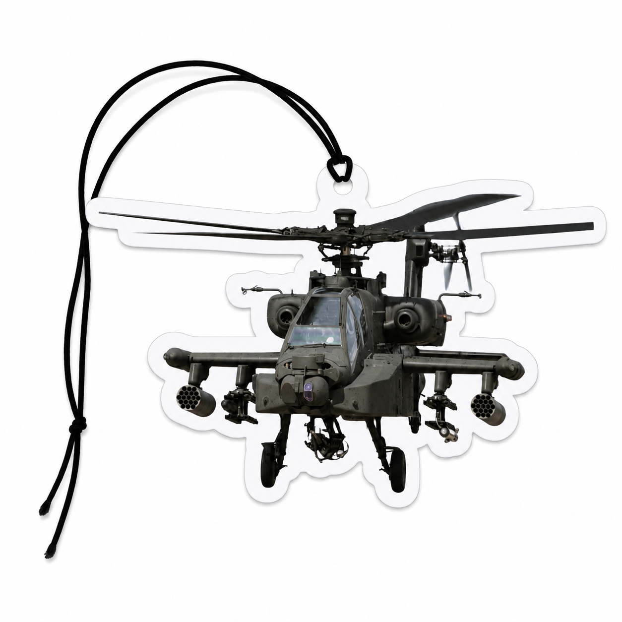 AH-64 Apache Helicopter car air freshener featuring a detailed front-view illustration of the iconic military attack helicopter.