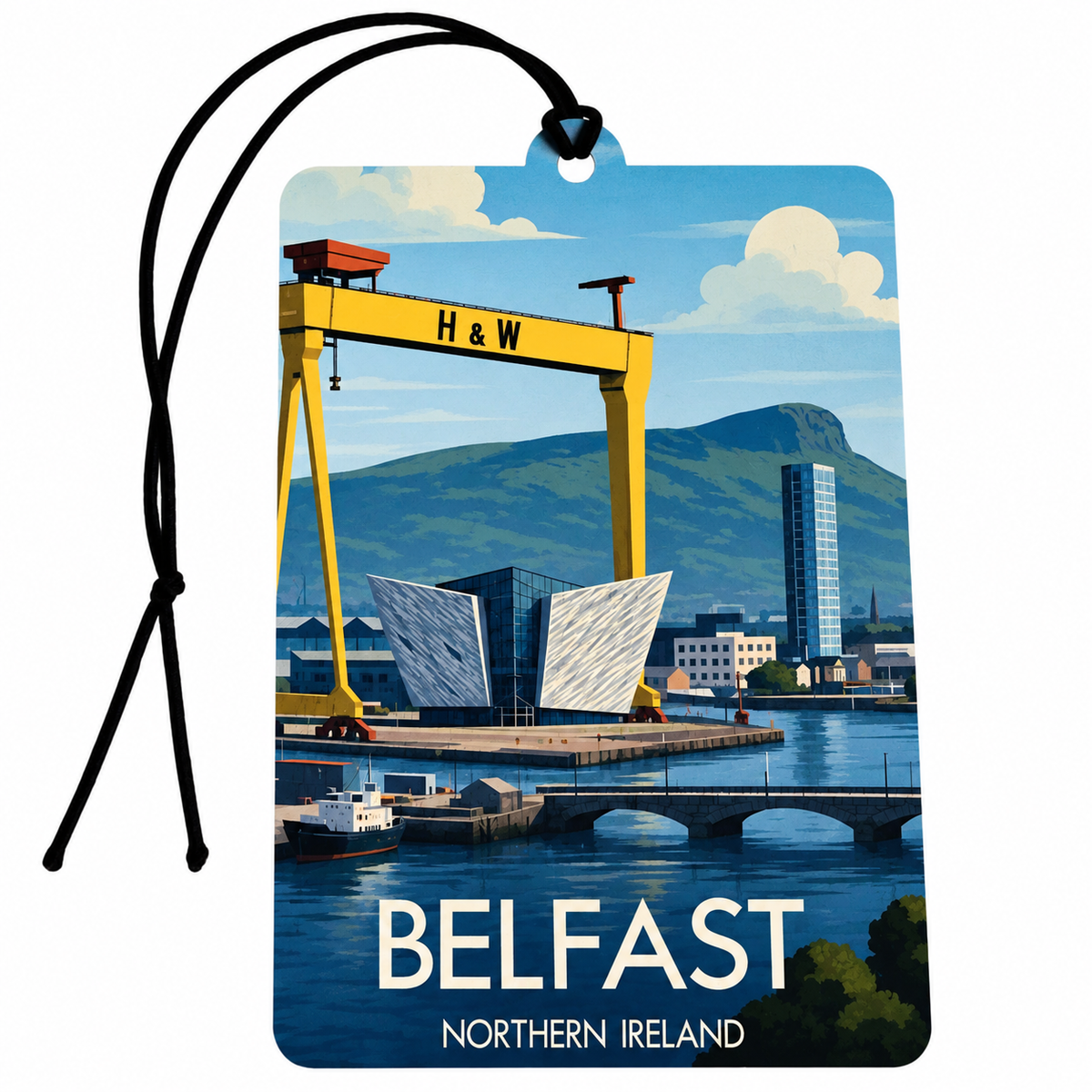 A rectangular travel tag with a black hanging cord car air freshener, featuring a stylized illustration of Belfast, Northern Ireland, including a yellow H&W crane, water, bridge, and mountains. The tag reads “BELFAST” and “NORTHERN IRELAND” at the bottom.