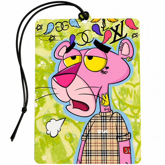 A rectangular car air freshener or luggage tag with a black hanging cord, featuring a stylized pink cartoon character with yellow eyes, a plaid shirt, and colorful graffiti-style details on a light green background. The design includes parody elements such as interlocking logos and a small Louis Vuitton monogram.