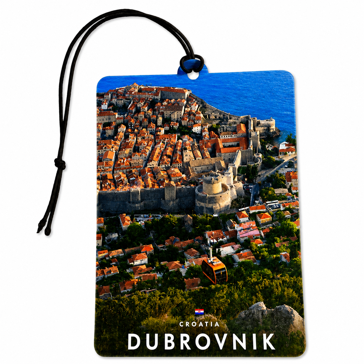 A rectangular luggage tag featuring a scenic print of Dubrovnik, Croatia, with a black hanging cord and the words 'CROATIA DUBROVNIK' printed at the bottom, shown on a plain white background.