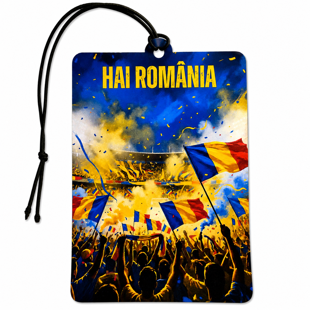 A rectangular luggage tag with a black hanging cord, featuring a vibrant graphic print of a Romanian football stadium crowd with the text 'HAI ROMÂNIA' in yellow at the top. The print depicts fans waving Romanian flags amidst blue, yellow, and red confetti and smoke.