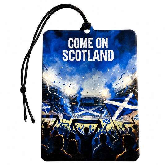 A rectangular car air freshener or tag with a black hanging cord, featuring a blue and white graphic of a Scottish football stadium crowd with the text 'COME ON SCOTLAND' at the top.