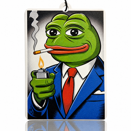 Cartoon frog in a suit smoking a cigarette with a lighter illustration car air freshener 