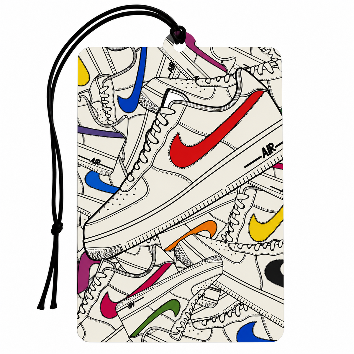 A rectangular luggage tag or car air freshener with a black hanging cord, featuring a collage-style graphic print of various sneakers in multiple colors on a white background.
