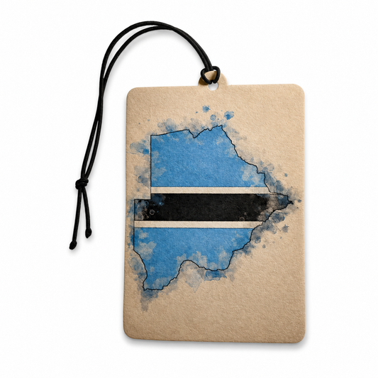 A rectangular kraft paper tag with a black hanging cord, printed with a watercolor-style map of the Botswana flag on a beige background.