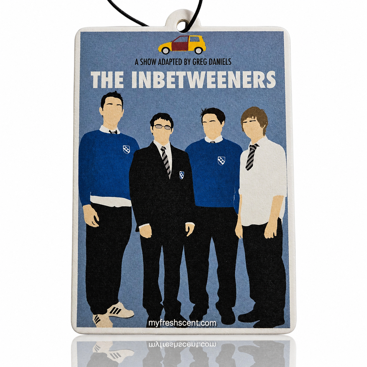 Car Air freshener with 'The Inbetweeners' design featuring four characters and a car illustration.