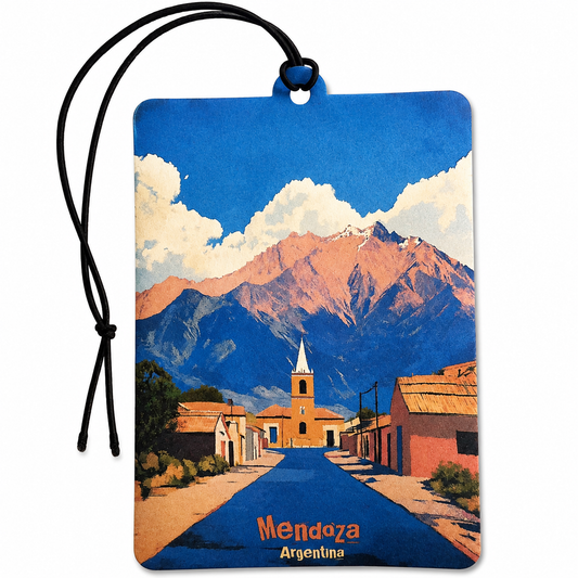 Mendoza Argentina inspired car air freshener featuring a colourful vintage travel design with an Andes mountain landscape, village street and church.