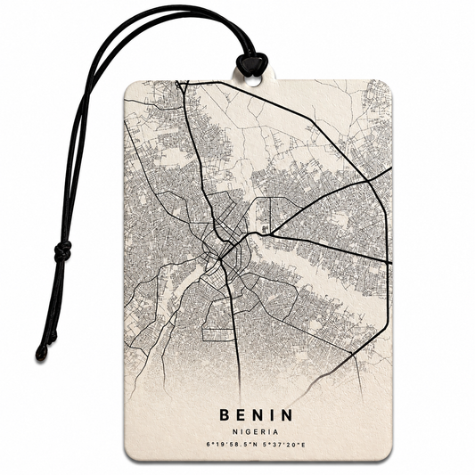 A rectangular map print of Benin, Nigeria featuring a detailed street map design on a light beige background with a black hanging cord, shown on a plain white background.