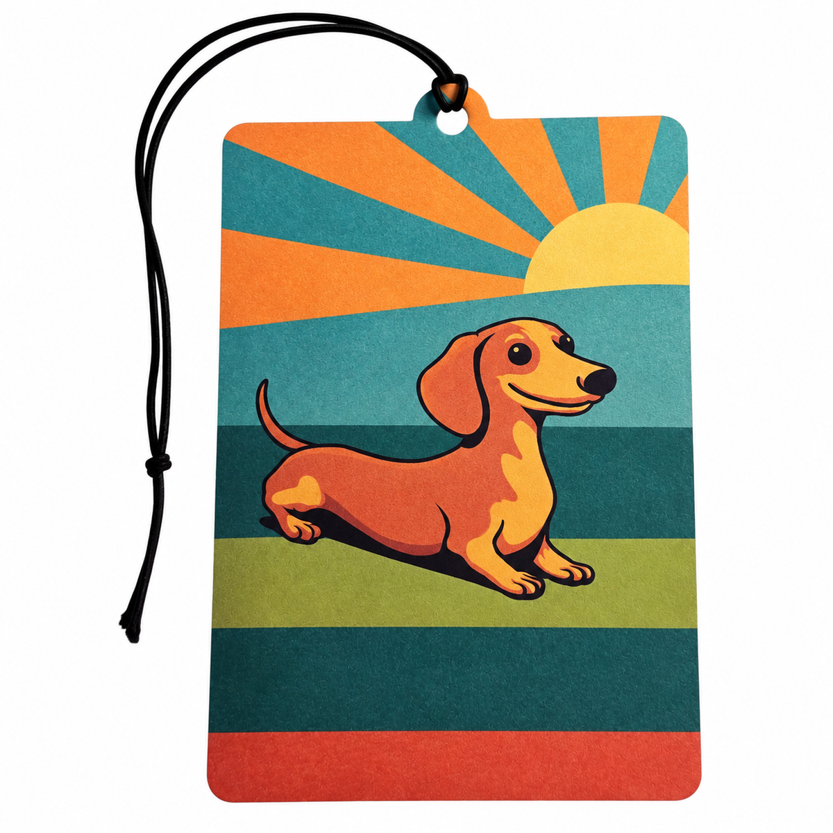 A rectangular car luggage tag or air freshener with a black hanging cord, featuring a colorful retro illustration of a dachshund dog against a striped sunset background.