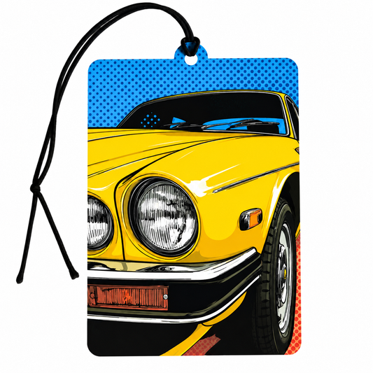 Classic yellow Jaguar car air freshener with retro pop art design and black hanging cord