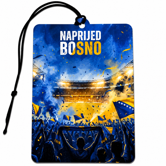 A rectangular car air freshener tag with rounded corners, featuring a Bosnia Herzegovina football theme. The tag has a black hanging loop at the top and a black cord.