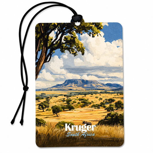 Kruger South Africa inspired car air freshener featuring a vintage safari landscape with golden savanna, acacia trees, mountains and African wildlife.