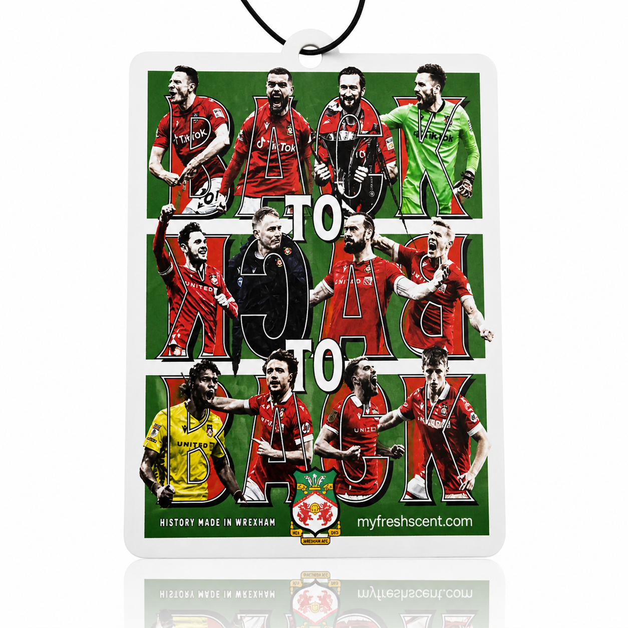Car Air freshener with Wrexham AFC players images and text on a white background