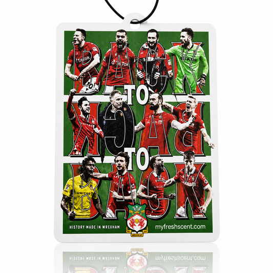 Car Air freshener with Wrexham AFC players images and text on a white background