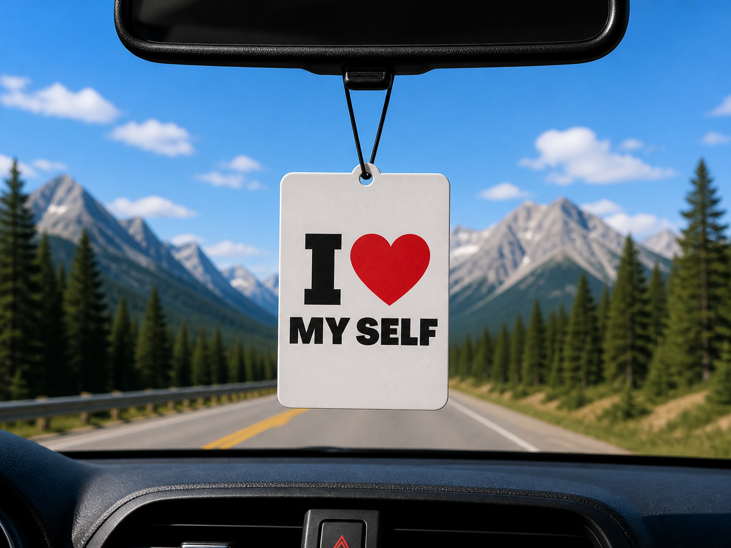 Car Air Freshener with 'I ❤️ My Self' air freshener against a scenic mountain backdrop