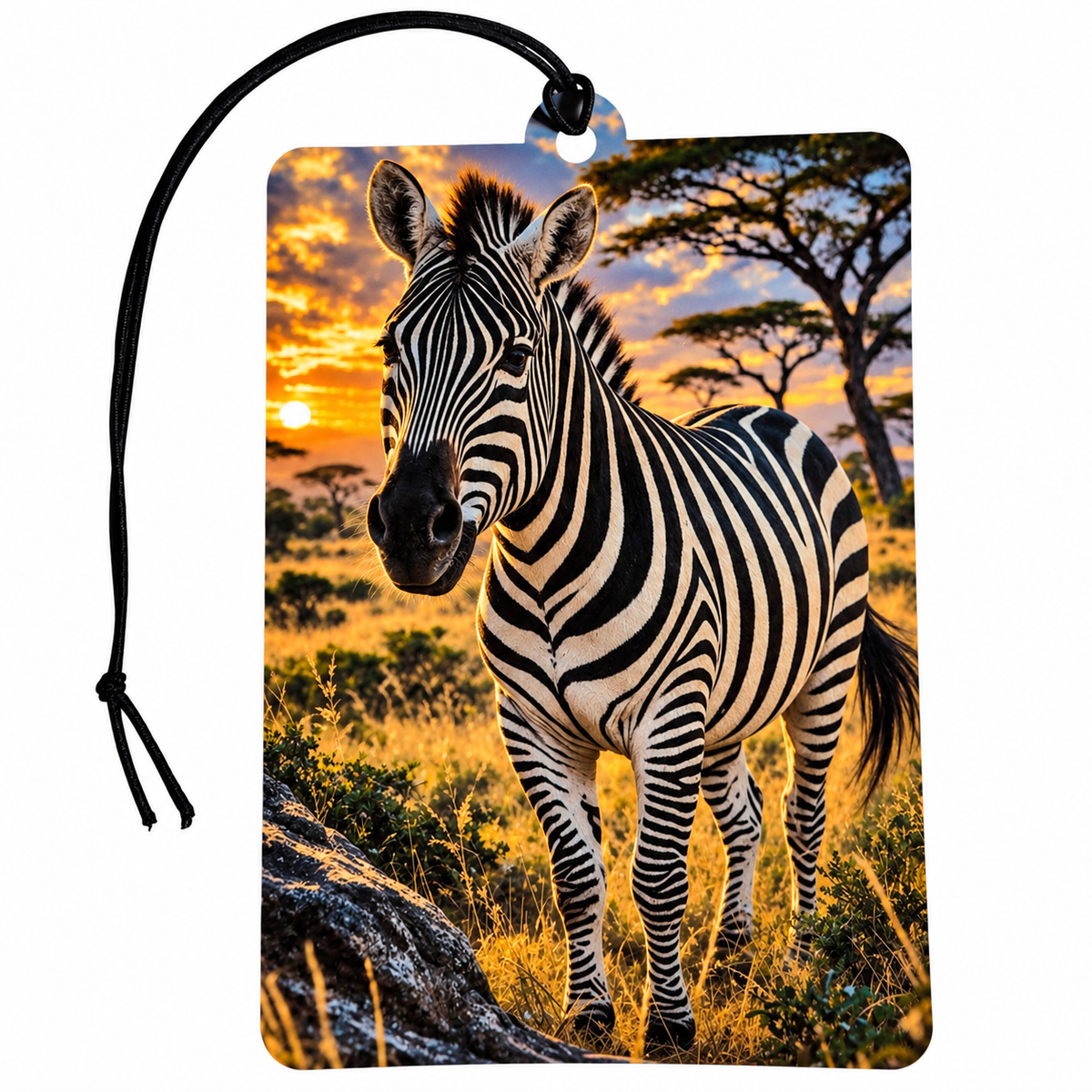 A rectangular car air freshener featuring a printed safari scene of a zebra at sunset, complete with a black hanging cord and metal loop at the top, shown on a plain white background.