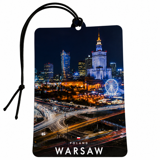 Warsaw Poland Car Air Freshener – Polish City Skyline Night Design Hanging Car Freshener, Warsaw Travel Souvenir, Poland Gift & Polish Car Accessory