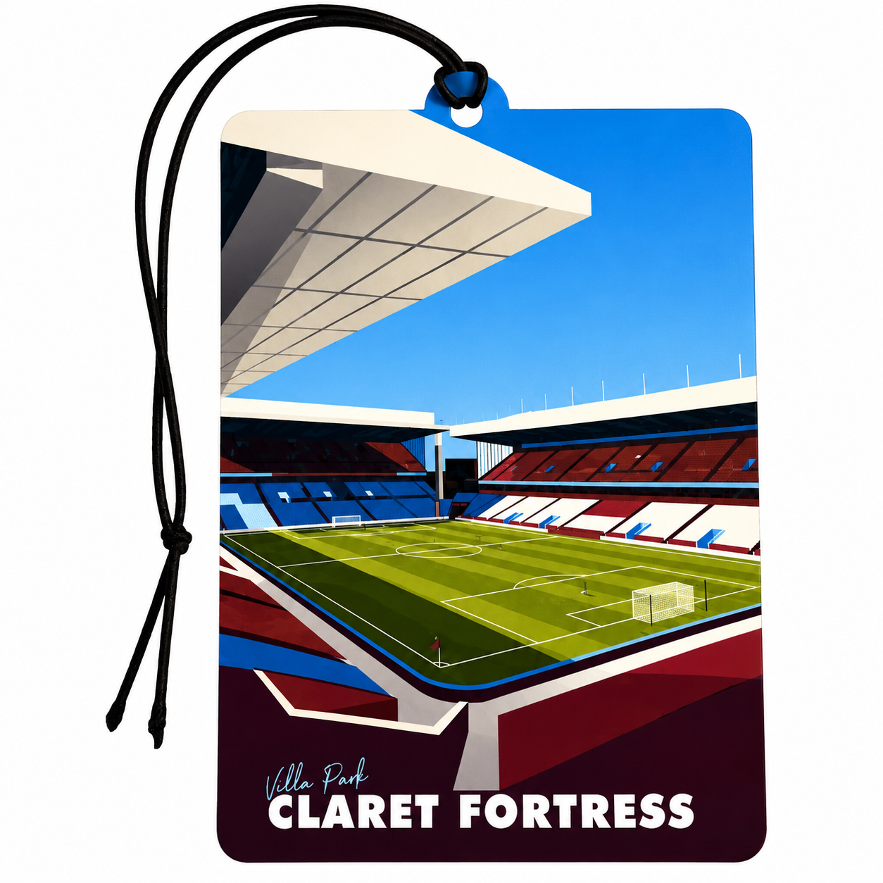 A rectangular printed Car Air Freshener or tag-shaped sticker with a black hanging cord, featuring a stylized illustration of Villa Park Claret Fortress football stadium under a blue sky. The tag has a blue top loop and the text 'Villa Park CLARET FORTRESS' near the bottom.