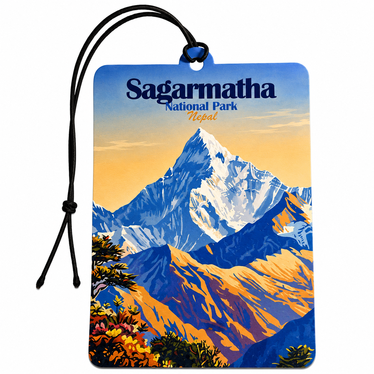 A rectangular hanging car air freshener or luggage tag featuring a stylized illustration of Sagarmatha National Park in Nepal. The tag has a black hanging cord and a blue loop at the top.