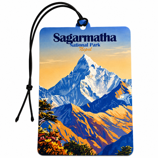 A rectangular hanging car air freshener or luggage tag featuring a stylized illustration of Sagarmatha National Park in Nepal. The tag has a black hanging cord and a blue loop at the top.