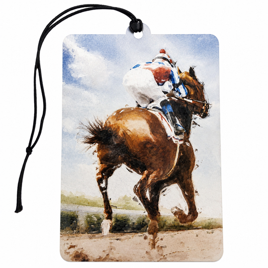 A rectangular printed tag or car air freshener with a black hanging cord, featuring a watercolor-style painting of a brown horse racing horse with a jockey. The artwork fills most of the tag, shown on a plain white background.