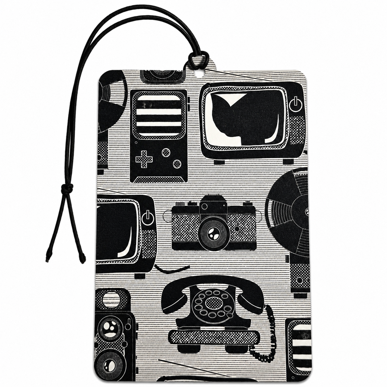 A rectangular car air freshener with a black and white retro pattern of vintage televisions, cameras, record players, and rotary phones, featuring a black hanging loop at the top.