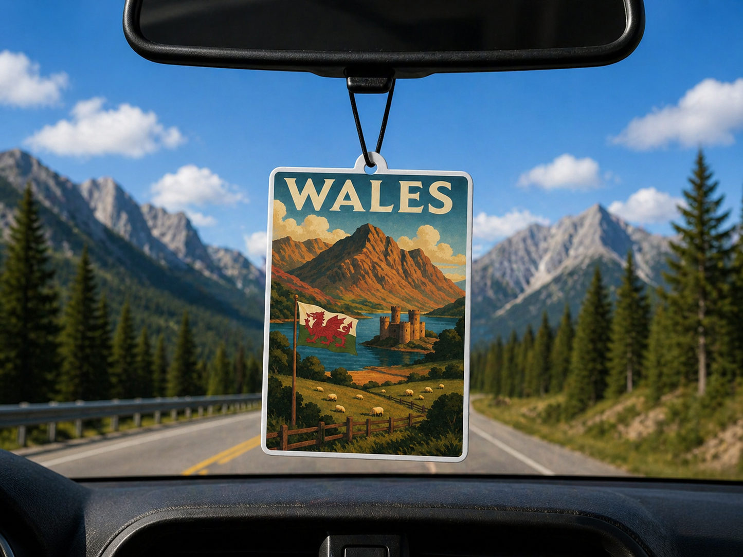 Car air freshener with a scenic view of Wales hanging from a car's rearview mirror.
