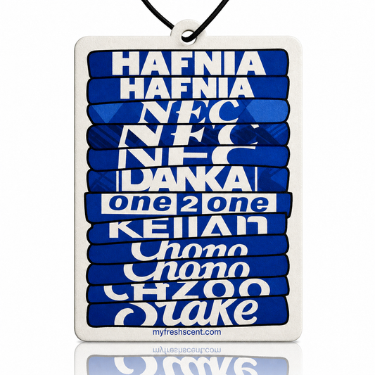 Everton fc car air freshener featuring a home shirt stack illustration 