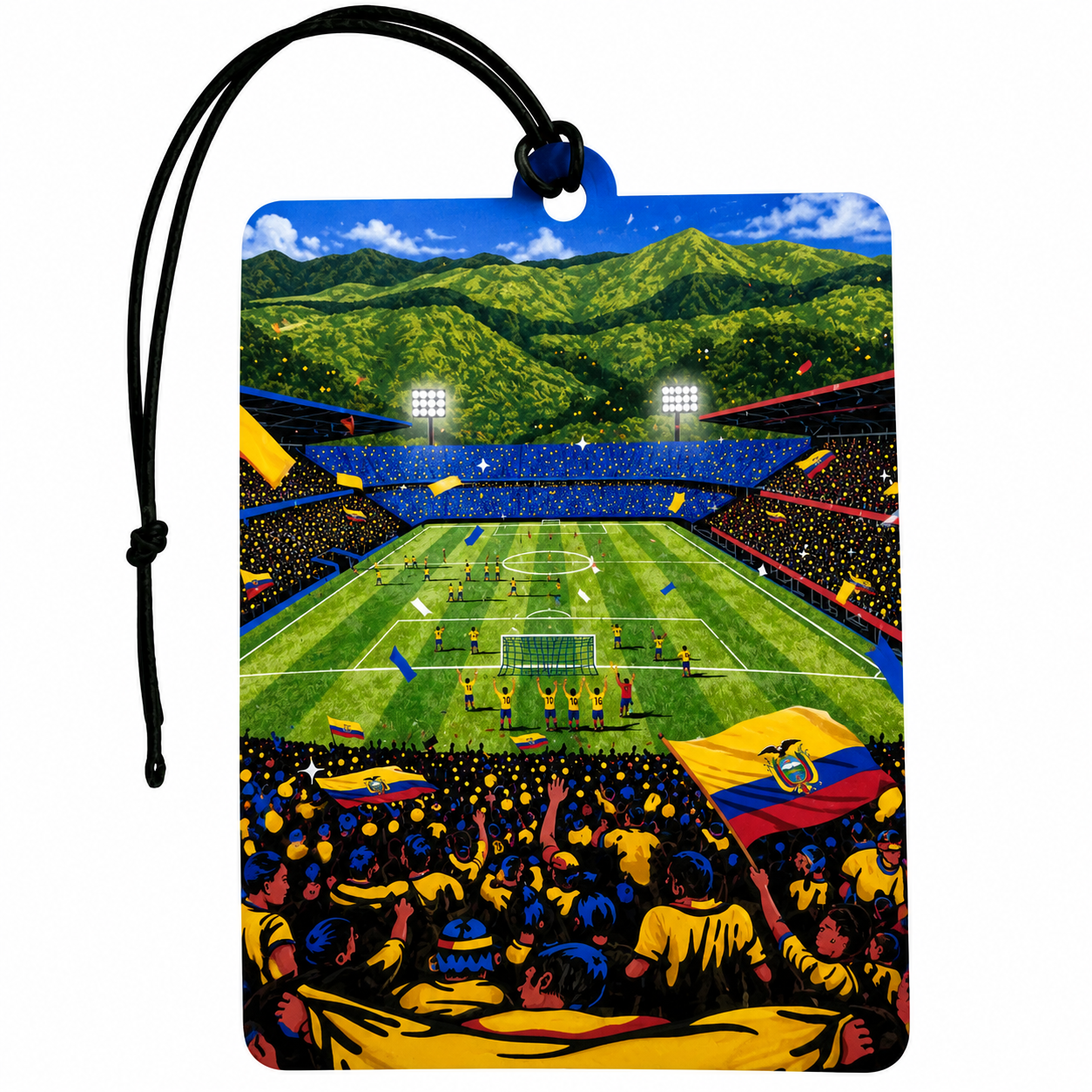 A rectangular car air freshener tag with a black hanging cord, featuring a colorful illustration of a soccer stadium filled with fans, green hills in the background, and the Colombian flag colors.