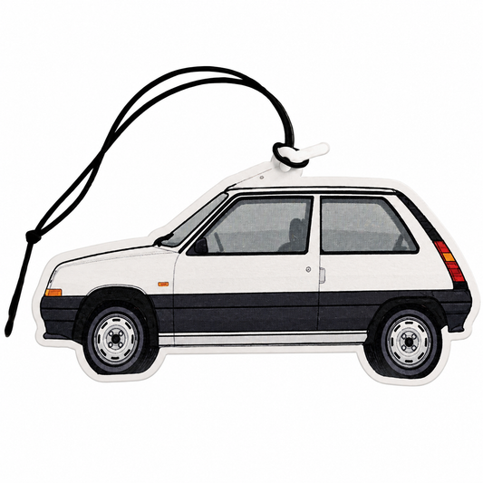 A car-shaped ornament or car air freshener featuring a white and black hatchback car with a black hanging loop, shown on a plain white background.