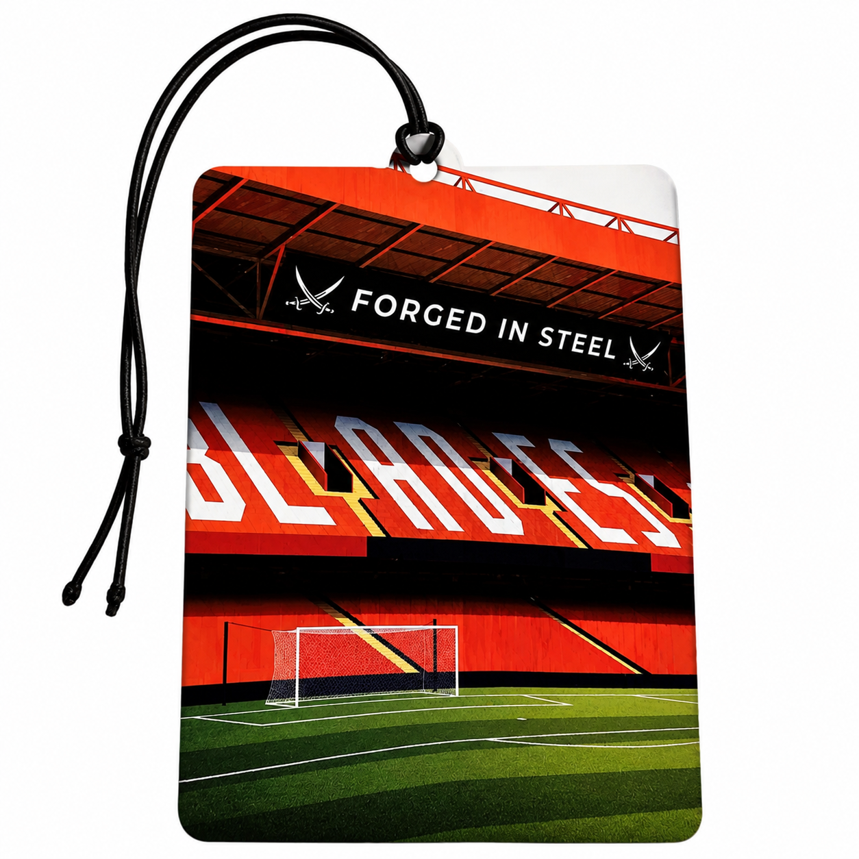 A rectangular car air freshener or luggage tag featuring a printed graphic of a football stadium with the text 'FORGED IN STEEL' and 'BLADES'. The tag has a black hanging cord and is shown against a plain white background.