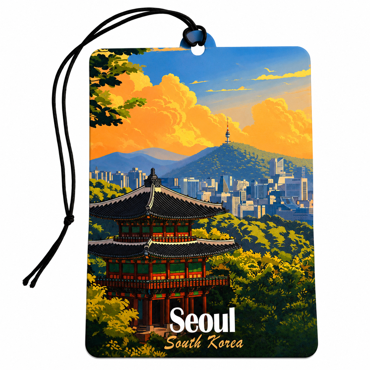 A rectangular car air freshener or luggage tag with a black hanging cord, featuring a colorful illustration of Seoul, South Korea, with a traditional pagoda, city skyline, mountains, and bright clouds. The words 'Seoul South Korea' are printed at the bottom.